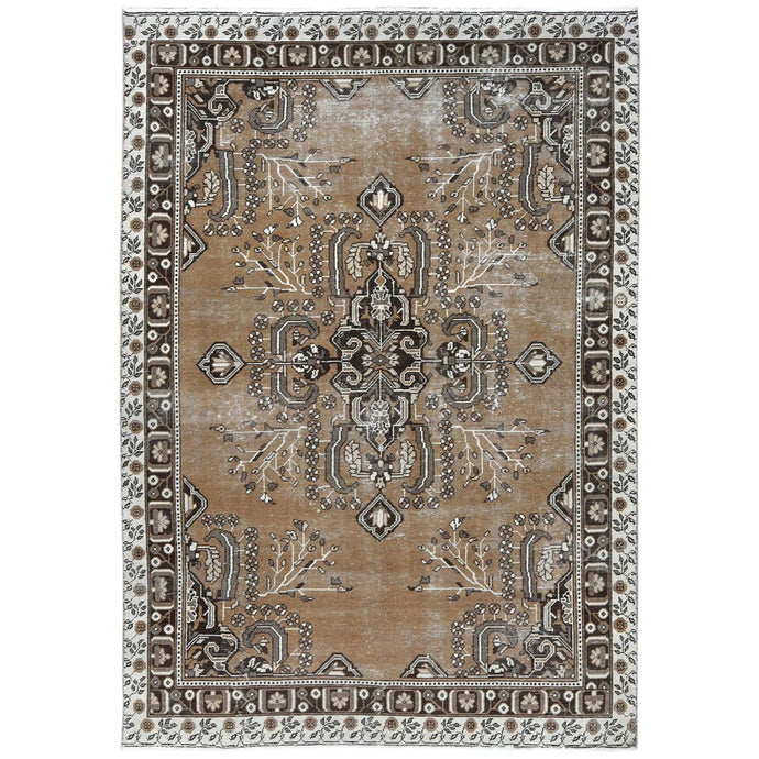7'x10' Chocolate Brown, Vintage Persian Bakhtiar Sheared Low Natural Dyes, Distressed Look Worn Wool Hand Knotted, Oriental Rug FWR486126