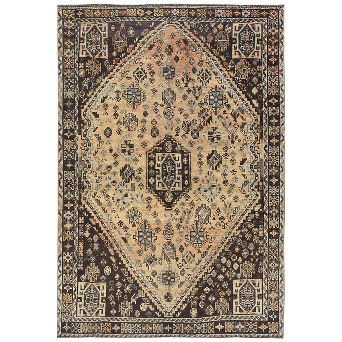 6'x8' Sand Color, Distressed Look Worn Wool Hand Knotted, Vintage Persian Shiraz Cropped Thin, Oriental Rug FWR487212