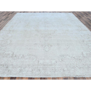 9'8"x12'5" Ivory Hand Knotted Worn Wool, Cropped Thin, Distressed Look Vintage Persian Kerman Oriental Rug FWR487566