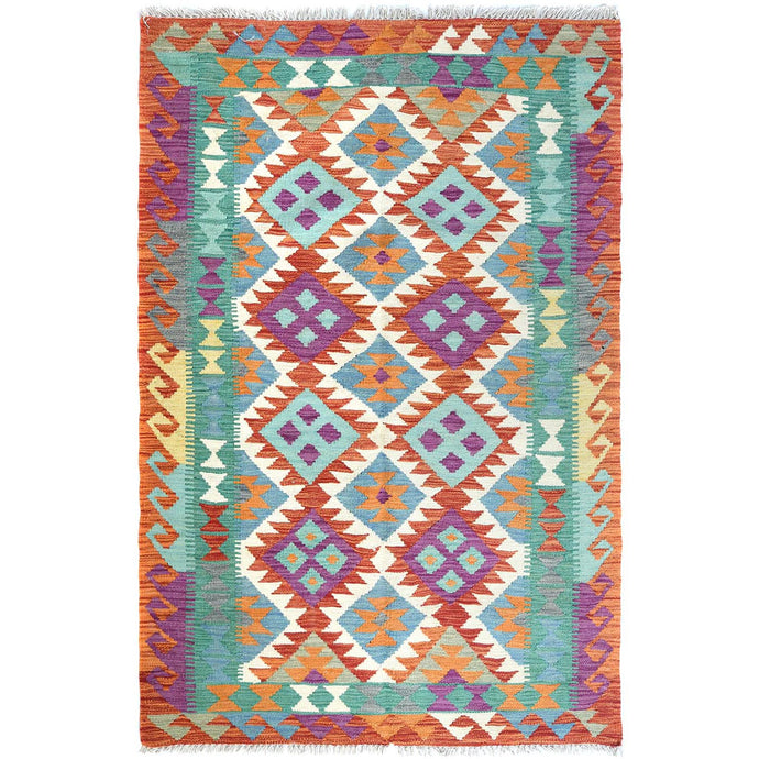 4'x6' Colorful, Flat Weave, Afghan Kilim with Geometric Design, Pure Wool, Hand Woven, Vegetable Dyes, Reversible Oriental Rug FWR487824