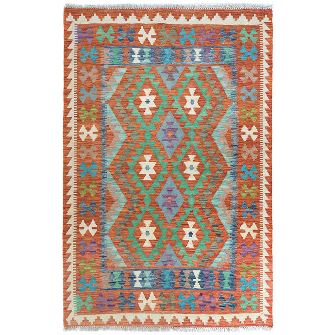 4'x6' Colorful, Flat Weave, Afghan Kilim with Geometric Design, Vibrant Wool, Hand Woven, Vegetable Dyes, Reversible Oriental Rug FWR487830