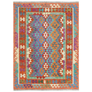 5'x6'3" Colorful, Afghan Kilim with Geometric Design, Hand Woven, Veggie Dyes, Flat Weave, Reversible, Vibrant Wool Oriental Rug FWR488352
