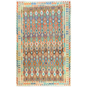 10'4"x16'1" Colorful, Hand Woven Afghan Kilim with Geometric Design, Flat Weave Veggie Dyes Organic Wool, Reversible Oversized Oriental Rug FWR489558