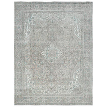 Load image into Gallery viewer, 9&#39;6&quot;x12&#39;8&quot; Ivory, Hand Knotted Vintage Persian Tabriz Sheared Low, Distressed Look Shabby Chic Worn Wool, Oriental Rug FWR490074