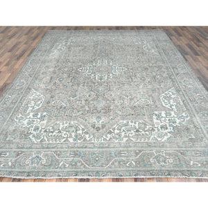 9'6"x12'8" Ivory, Hand Knotted Vintage Persian Tabriz Sheared Low, Distressed Look Shabby Chic Worn Wool, Oriental Rug FWR490074