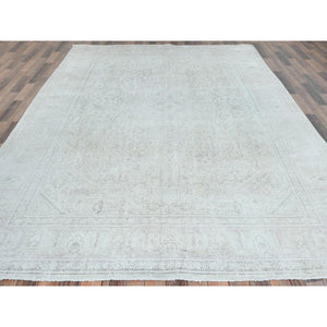 8'x11'2" Ivory, Worn Wool Hand Knotted, Vintage Persian Tabriz, Cropped Thin Distressed Look Shabby Chic, Oriental Rug FWR490140