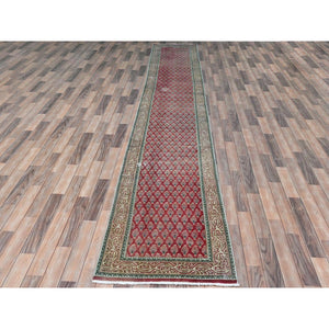 2'5"x17' Tomato Red, Vintage Persian Serab with All Over Repetitive Tree Design, Hand Knotted Pure Wool, Clean, Sheared Low Large Narrow Runner Oriental Rug FWR491370