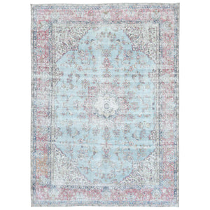 9'7"x13'2" Silver Blue, Sheared Low Distressed Look, Worn Wool Hand Knotted, Vintage Persian Kerman Oriental Rug FWR491604