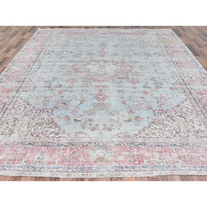 9'7"x13'2" Silver Blue, Sheared Low Distressed Look, Worn Wool Hand Knotted, Vintage Persian Kerman Oriental Rug FWR491604