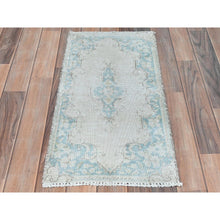 Load image into Gallery viewer, 1&#39;5&quot;x2&#39;9&quot; Ivory, Hand Knotted Vintage Persian Kerman, Sheared Low Distressed Look Worn Wool, Mat Oriental Rug FWR491808