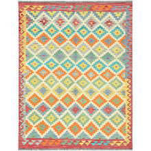 Load image into Gallery viewer, 5&#39;1&quot;x6&#39;7&quot; Colorful, Pure Wool Hand Woven, Afghan Kilim with Geometric Design Vegetable Dyes, Flat Weave Reversible, Oriental Rug FWR493446