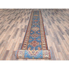 Load image into Gallery viewer, 2&#39;6&quot;x33&#39;6&quot; Denim Blue, Soft Wool Hand Knotted, Afghan Super Kazak with Large Medallions, Vegetable Dyes Dense Weave, XL Runner Oriental Rug FWR495462