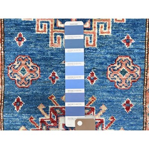 2'6"x33'6" Denim Blue, Soft Wool Hand Knotted, Afghan Super Kazak with Large Medallions, Vegetable Dyes Dense Weave, XL Runner Oriental Rug FWR495462
