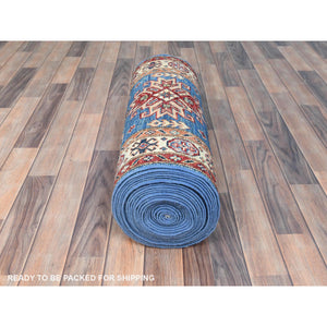 2'6"x33'5" Denim Blue, Afghan Super Kazak with Large Medallions, Natural Dyes Densely Woven, Natural Wool Hand Knotted, XL Runner Oriental Rug FWR495480