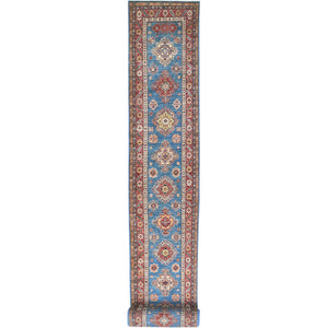 2'7"x34' Denim Blue, Natural Dyes Densely Woven, Soft Wool Hand Knotted, Afghan Super Kazak with Large Medallions, XL Runner Oriental Rug FWR495612
