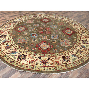 9'x9' Taupe Brown, Special Kazak with All Over Pattern Natural Dyes, Organic Wool Hand Knotted, Round Oriental Rug FWR496266