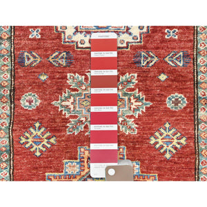 2'10"x11'10" Fire Brick, Afghan Super Kazak With Geometric Medallions, Natural Dyes, Dense Weave, Pure Wool, Hand Knotted, Runner Oriental Rug FWR497418