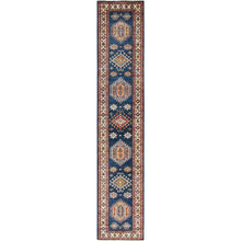 Load image into Gallery viewer, 2&#39;8&quot;x13&#39;6&quot; Prussian Blue ,Afghan Super Kazak with Geometric Medallions Design, Natural Dyes, 100% Wool, Hand Knotted, Runner Oriental Rug FWR497448