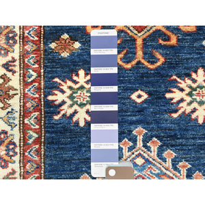 2'8"x13'6" Prussian Blue ,Afghan Super Kazak with Geometric Medallions Design, Natural Dyes, 100% Wool, Hand Knotted, Runner Oriental Rug FWR497448