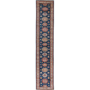 2'9"x13'9" Indigo Blue, Afghan Super Kazak with Geometric Medallions, Natural Dyes Dense Weave, Pure Wool Hand Knotted, Runner Oriental Rug FWR497454