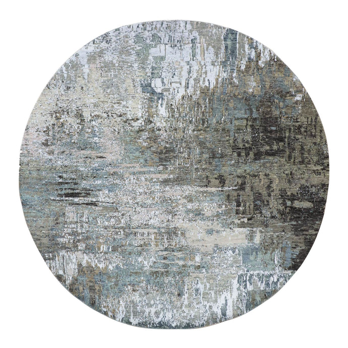 8'x8' Gunmetal Gray, Organic Wool Hand Knotted, Abstract Design, Dense Weave Persian Knot, Round Oriental Rug FWR498456