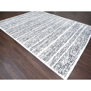 10'3"x14'1" Black and Ivory, Modern Striae Design, Thick and Plush, Organic Undyed Wool, Hand Knotted, Oriental Rug FWR505098