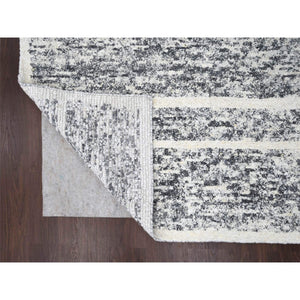 10'3"x14'1" Black and Ivory, Modern Striae Design, Thick and Plush, Organic Undyed Wool, Hand Knotted, Oriental Rug FWR505098