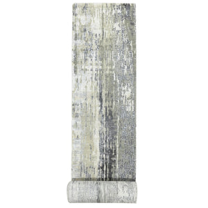 2'9"x22'3" Taupe, Hand Knotted, Abstract with Mosaic Design, Dense Weave, Wool and Silk, XL Runner Oriental Rug FWR505404