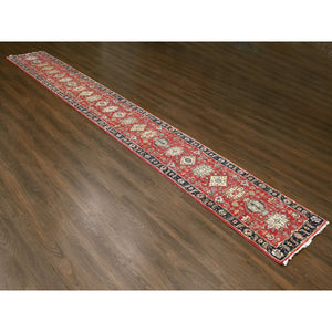 2'7"x19'10" Crimson Red with Pastel Black, Hand Knotted Karajeh Design with Tribal Medallions, Pure Wool, XL Runner Oriental Rug FWR507108