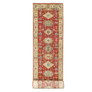2'9"x15'10" Auburn Red, Hand Knotted, Natural Wool, Karajeh Design, Soft to the Touch Pile, XL Runner Oriental Rug FWR507120