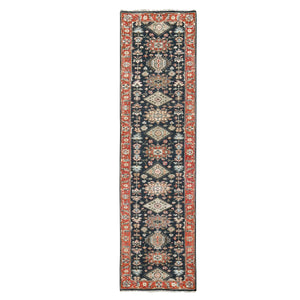 2'9"x11'10" Pastel Black, Hand Knotted Karajeh Design with Tribal Medallions, Organic Wool, Natural Dyes, Runner Oriental Rug FWR507132