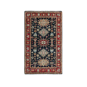 3'2"x5' Denim Black, Karajeh Design with All Over Pattern, Vegetable Dyes, Soft Pile, Pure Wool, Hand Knotted, Oriental Rug FWR507972