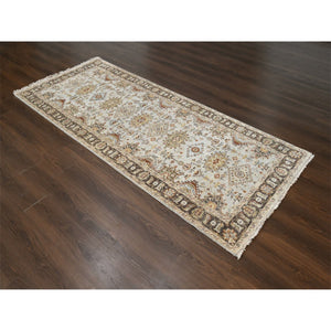 4'2"x9'10" Goose Gray, Karajeh Design with Tribal Medallions, Pure Wool, Hand Knotted, Wide Runner Oriental Rug FWR507990