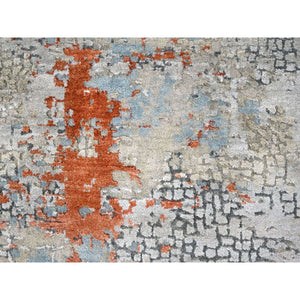 6'x6' Ash Gray, Wool and Silk, Hand Knotted, Abstract with Fire Mosaic Design, Square Oriental Rug FWR508092