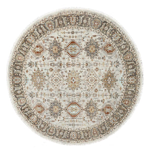 8'1"x8'1" Goose Gray, Pure Wool, Hand Knotted, Karajeh Design with Tribal Medallions, Round Oriental Rug FWR508152