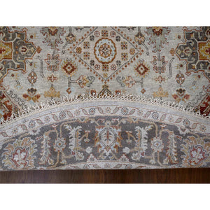 8'1"x8'1" Goose Gray, Pure Wool, Hand Knotted, Karajeh Design with Tribal Medallions, Round Oriental Rug FWR508152