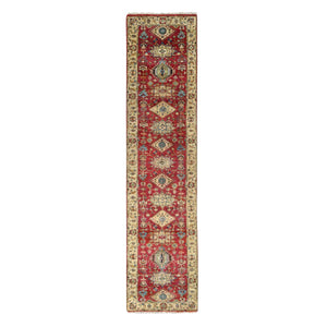 2'9"x11'10" Fire Brick Red, Hand Knotted, Karajeh with Geometric Medallions Design, Pure Wool, Runner Oriental Rug FWR508254