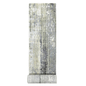 2'8"x25'7" Cloud Gray, Abstract with Mosaic Design, Wool and Silk, Hand Knotted, XL Runner Oriental Rug FWR508332