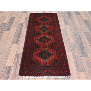 1'10"x5' Barn Red Afghan Andkhoy with Geometric Pattern, 100% Wool Hand Knotted, Oriental Rug FWR510942