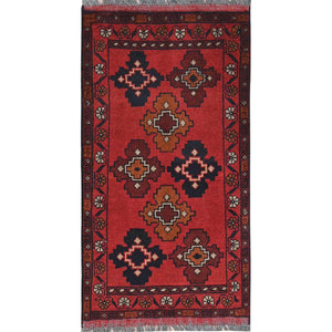1'10"x3'3" Cherry Red, Afghan Andkhoy with Geometric Pattern, Organic Wool Hand Knotted, Oriental Rug FWR511044