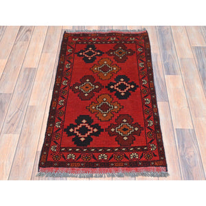 1'10"x3'3" Cherry Red, Afghan Andkhoy with Geometric Pattern, Organic Wool Hand Knotted, Oriental Rug FWR511044