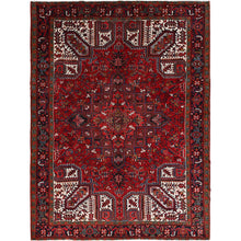 Load image into Gallery viewer, 8&#39;x10&#39;8&quot; Crimson Red with Ivory Corners, Semi Antique Bohemian Persian Heriz, Rustic Feel, Pure Wool, Hand Knotted, Good Condition, Sides and Ends Professionally Secured, Cleaned, Oriental Rug FWR511878