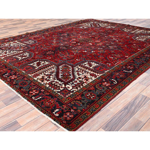 8'x10'8" Crimson Red with Ivory Corners, Semi Antique Bohemian Persian Heriz, Rustic Feel, Pure Wool, Hand Knotted, Good Condition, Sides and Ends Professionally Secured, Cleaned, Oriental Rug FWR511878