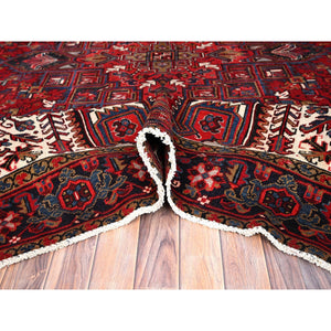 8'x10'8" Crimson Red with Ivory Corners, Semi Antique Bohemian Persian Heriz, Rustic Feel, Pure Wool, Hand Knotted, Good Condition, Sides and Ends Professionally Secured, Cleaned, Oriental Rug FWR511878
