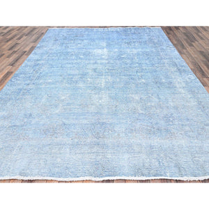9'x11'8" Baby Blue, Hand Knotted, Overdyed Vintage Persian Tabriz, Worn Down, Rustic Look, Natural Wool, Oriental Rug FWR513234