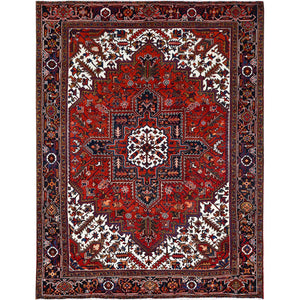 8'5"x10'9" Tomato Red, Pure Wool, Hand Knotted, Semi Antique Persian Heriz, Good Condition, Distressed Feel, Evenly Worn, Oriental Rug FWR513432