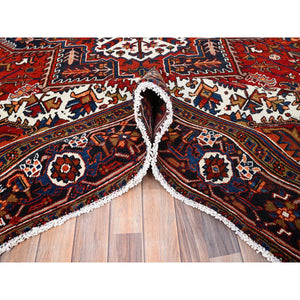 8'5"x10'9" Tomato Red, Pure Wool, Hand Knotted, Semi Antique Persian Heriz, Good Condition, Distressed Feel, Evenly Worn, Oriental Rug FWR513432
