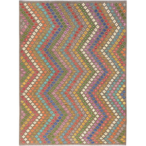 7'x9'8" Colorful, Extra Soft Wool, Hand Woven, Vegetable Dyes, Afghan Kilim with Chevron Zig Zag Design, Flat Weave, Oriental Rug FWR514260