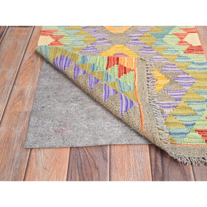 1'10"x3' Colorful, Natural Dyes, Flat Weave, Reversible, Extra Soft Wool, Afghan Kilim with Geometric Pattern, Hand Woven, Oriental Rug FWR514470