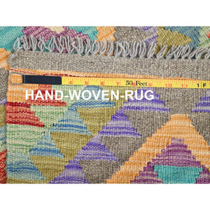 1'10"x3' Colorful, Natural Dyes, Flat Weave, Reversible, Extra Soft Wool, Afghan Kilim with Geometric Pattern, Hand Woven, Oriental Rug FWR514470